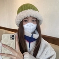 Women's matcha green plush knit bucket hat with creamy white faux fur trim for winter - One Size / Matcha Green