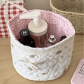 Cesta de almacenamiento acolchada de oso con forro de cuadros rosa y lazo blanco - Serie Oso Sweetheart / Beige