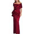 Elegant one-shoulder wine red satin fishtail evening dress with waist bow decoration - US size 14 (XL) / Top And Bottom / Burgundy