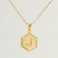 Gold 18K stainless steel hexagonal necklace featuring a milgrain edge and letter J pendant - Gold J (With Chain)