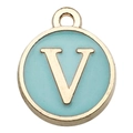 Light blue enamel round letter V charm with golden frame for DIY jewelry making - Double-Sided Letter V / 1 Piece (12x14mm) / Green