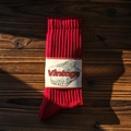Vintage style red ribbed cotton crew socks displayed on a rustic dark wood background - One Size(EU 35-44) / Rumba Red