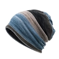 Retro multi-colored striped knit slouchy beanie hat in blue, grey and brown tones - Blue Grey Multicolor Wide Stripes (6#)