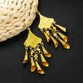 Detailed close-up of golden fan-shaped earrings with heart-shaped tassel pendants - E5765-4 Fan Heart Conical Tassel