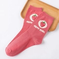 Pink cotton ankle socks with cute strawberry print and girl text on wooden tray - Rose Red Strawberry