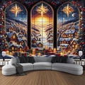Detailed Christmas wall tapestry featuring a snowy winter town scene and gift boxes - 300x230cm / 3-Bethlehem Star Snowy Town Scene