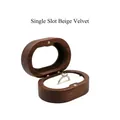 Oval black walnut wood ring box with single slot and beige velvet lining for engagement - Single Slot / With Window / No Engraving (Blank) / Beige Lining