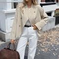 Women's beige double-breasted cropped trench coat jacket with V-neck for autumn - S / Apricot