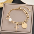 18k gold plated stainless steel bracelet with cross pendant and pearl charm - Gold Patchwork Cross Pearl Style (527)