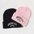 Unisex Brooklyn 1898 New York embroidered knit beanie hats in black and pink colors - One Size / Black + Pink
