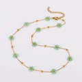 Minimalist beaded flower necklace with gold-plated beads and green floral accents - Lime Green-Necklace