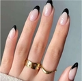 Uñas postizas almendradas French negras con anillos dorados de estrella y bandas onduladas - Francés Negro - Estilo de Pegamento (FS-05)