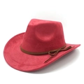 Détail d'un fedora en daim rouge rose avec large bord et bande de cuir marron - M (56-59cm) / Bordeaux