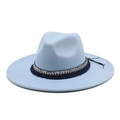 Detail view of light blue wool felt fedora with ornate woven band and fringe accents - M (56-58cm) / Sky Blue