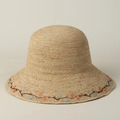 Elegant raffia straw hat for women with embroidered large brim and round crown - M(56-58cm) / Natural Raffia