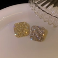 Sparkling gold-plated square stud earrings featuring micro-paved cubic zirconia stones - Gold - Rhombus Silver Pin Diamond Inlaid Oval Earrings