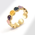 Minimalist gold smile face open ring with colorful rainbow enamel in a top-down view - Gold Happy Face (AJ754)