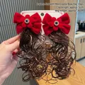 Red velvet bow hair clips with brown curly hair extensions and blue rhinestones - Blue Rhinestone Wig (Hair Clip 024-Braid)