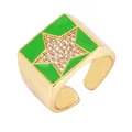 Adjustable gold plated copper ring with green enamel rectangle and micro-pave zircon star - Neon Green - Star