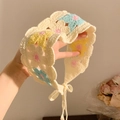 Beige crochet cotton headscarf with yellow and blue floral patterns and tie straps - Blue Yellow Flower