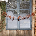 Rose gold Merry Christmas letter banner hanging on a rustic festive background - Rose Gold Card / Rose Gold