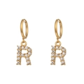 Detailed close-up of 18K gold plated letter R earrings with micro-set zircon stones - Letter R