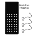 Lot de 40 piercings de nez 3,0mm en acier inoxydable avec cristaux CZ en boîte - Barre Courbée / 3.0mm / Blanc (Pack de 40 Pièces)