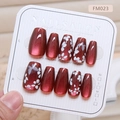 Press-on nails in burgundy cat-eye finish with white flower and butterfly art - XS / Wine Red Cat Eye Butterfly Flower (FM023)