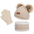 Kinder Winter Strickmütze Schal und Handschuhe Set Beige Bommel Warm Gefüttert 3tlg - Dreiteiliges Set / Doppelbommel / Khaki