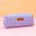Large lavender pencil case with houndstooth texture and leather basic label - Purple Houndstooth