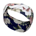 Navy blue boho yoga headband with colorful floral print and soft twisted fabric design - Dark Blue White Pink Green Floral (54)
