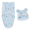 Light blue giraffe newborn swaddle and hat set made of soft cotton on white background - Blue Giraffe Swaddle + Hat Set