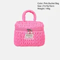 Pink quilted bucket makeup bag with pearl zipper and lace tag detail, 21x16x16cm - Barrel Bag / Pink