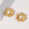 Irregular sunburst gold stud earrings with white pearlescent inlay in luxury vintage style - Pearl White