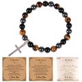 Bracciale da 10mm in occhio di tigre ed ematite con croce e tre biglietti d'auguri inclusi - Biglietto Per Mio Figlio / Bracciale occhio di tigre da 8mm