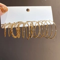Set of 6 gold hoop earrings with braided, smooth, and rhinestone textures on display card - 59# Silver Needle - Gold (12-Piece Set)