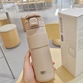 Beige 700ML sports vacuum flask with silicone sleeve and dual drinking straw lid - 700ml / Brown