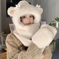 Beige 3-in-1 plush winter set with cute deer horns, including hood, scarf, and gloves - Embossed 3-piece Set / White