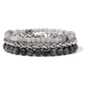 Three-layer retro bracelet set with grey rhodonite beads and silver titanium steel chain - Flash Stone Style (FK0295)