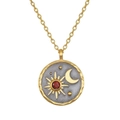 Stainless steel sun moon celestial necklace with red December birthstone on gold chain - January