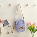 Lavender purple corduroy crossbody bag with cute brown bear patch for women - Purple