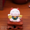 Miniature white lucky cat figurine with green bib and gold ingot on wooden base - XY007B Overnight Wealth Lucky Cat