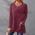 Detail view of wine red round neck long top with functional side pockets and knit texture - S / Tops / Long Sleeve - Dusty Rose