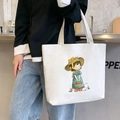 White canvas tote bag featuring a cute cartoon girl illustration for casual use - White Picnic Girl