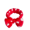 Soft coral fleece headband featuring a red bow with white polka dots for face washing - Red Polka Dot