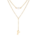 Women's double-layer gold necklace featuring white pearls and a 'Y' letter pendant - Letter Y Style (NC-1930G-Y)
