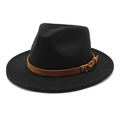 Classic black wool fedora hat with a brown leather band and gold buckle on white background - M (56-58cm) / Black
