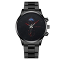 Fashionable men's black stainless steel watch with moon phase and dual sub-dials - Red Hands Black Strap