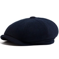 Donkerblauwe newsboy pet van wolmix met een klassiek retro visgraatpatroon - Verstelbaar / Marineblauw