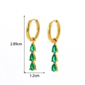 Gold plated stainless steel hoop earrings with three green teardrop crystal charms - Gold 3-Teardrop Green Zircon Dangle Earrings